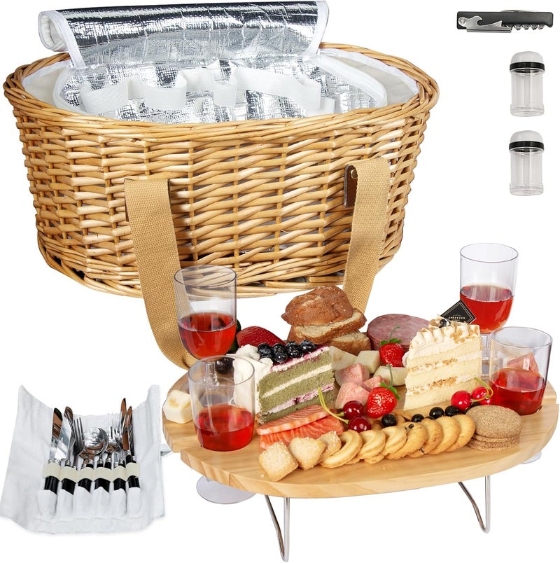 HapTim Wicker Picnic Basket Set for 4 with Mini Folding Wine Picnic Table & Large Insulated Cooler Bag & Cutlery Service Kits for 4 Person, Couples Gifts, Wedding Gifts (Y2209-4-CM) - Image 1